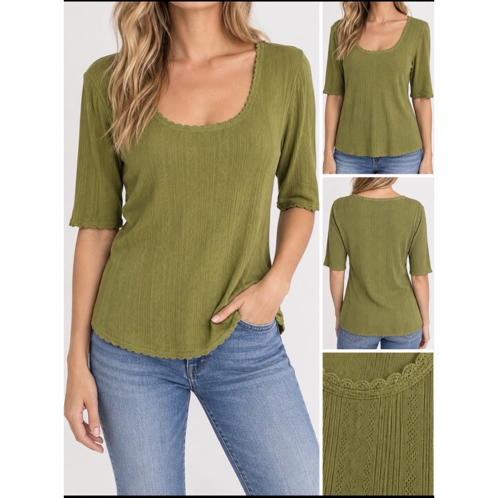 Sundance Womens L Olive Green Pointelle Knit Scoop Neck Scalloped Boho Top